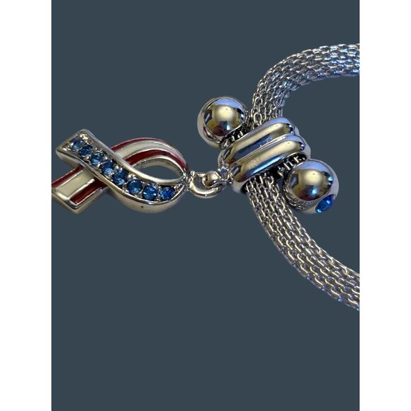 Silver Mesh Bracelet With Blue & Red Rhinestone Ribbon Pendant - Picture 6 of 10